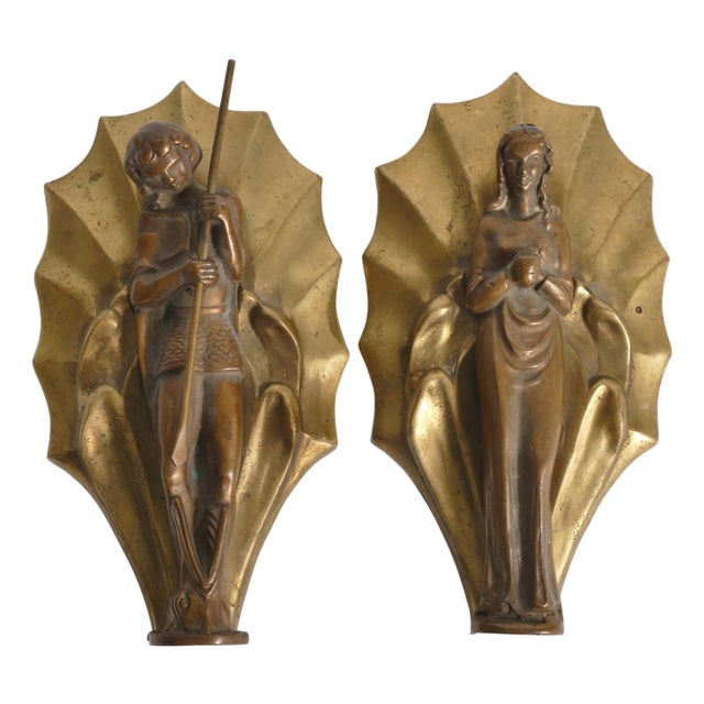 Art Nouveau Brass Wall Sculptures of Saint George, Princess & Dragon, Set of 2 For Sale