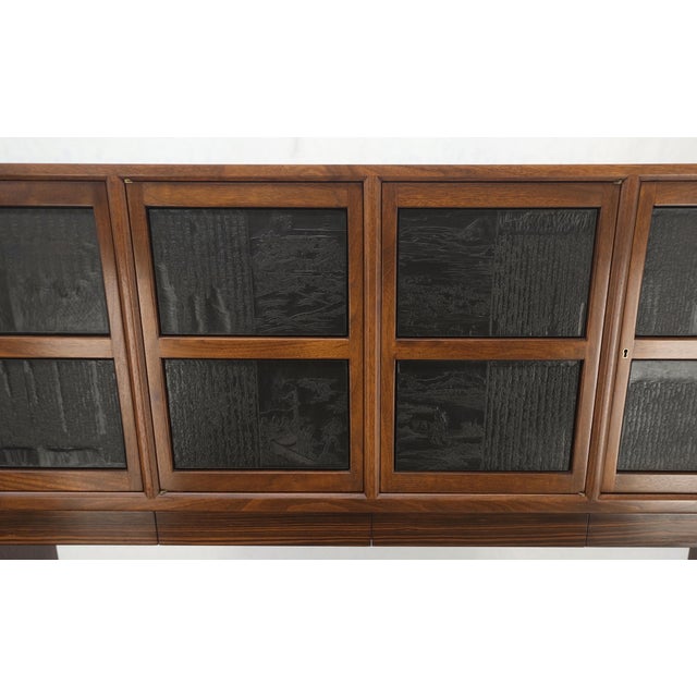 Mid 20th Century Dunbar Walnut Two Part Sideboard Credenza Breakfront Carved Slate Inserts MINT! For Sale - Image 5 of 18