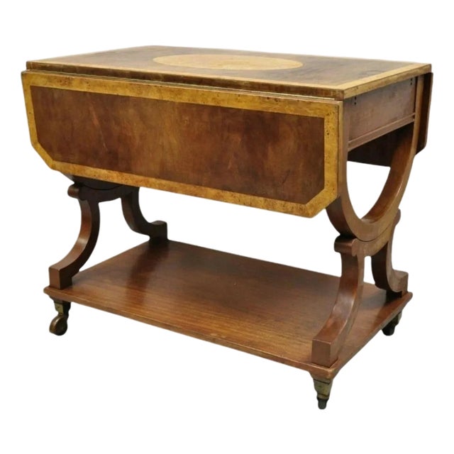 Vintage French Regency Style Dropleaf Mahogany Bar Cart Serving Table on Wheels For Sale