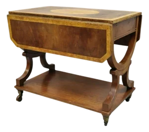 Vintage French Regency Style Dropleaf Mahogany Bar Cart Serving Table on Wheels