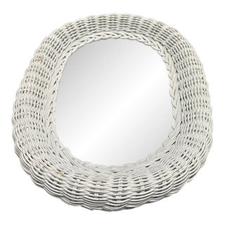 Vintage White Wicker Oval Mirror For Sale