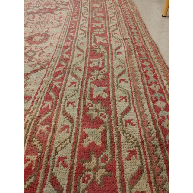 Antique Oushak Carpet, Handmade Oriental Rug, Pale Light Blue, Coral, Raspberry For Sale - Image 14 of 15