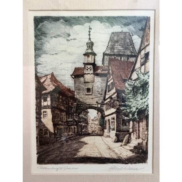 French Country Pair of Signed Mid-Century Hand-Colored German Etchings of Rothenburg Ob Der Tauber | Ernst Geissendörfer & Albert Wiese For Sale - Image 3 of 12