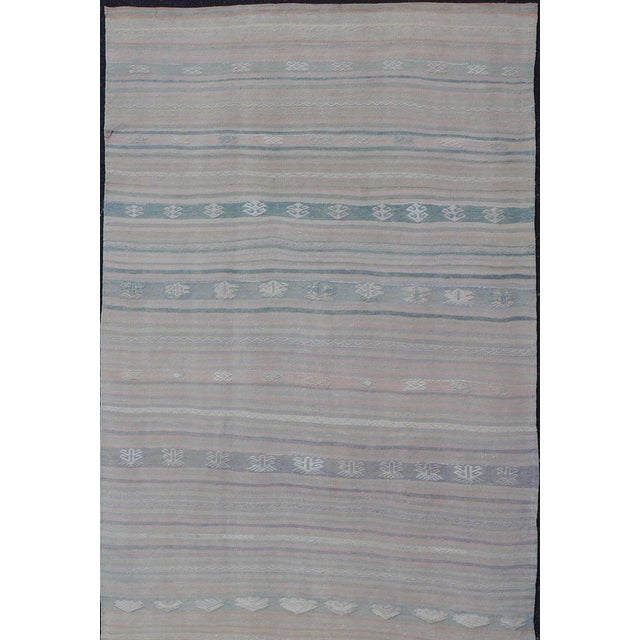 Measures: 4'10"X14'5" Soft-Toned Vintage Turkish Kilim Gallery Runner with Subtle Pastel Stripes and Geometric Accents....