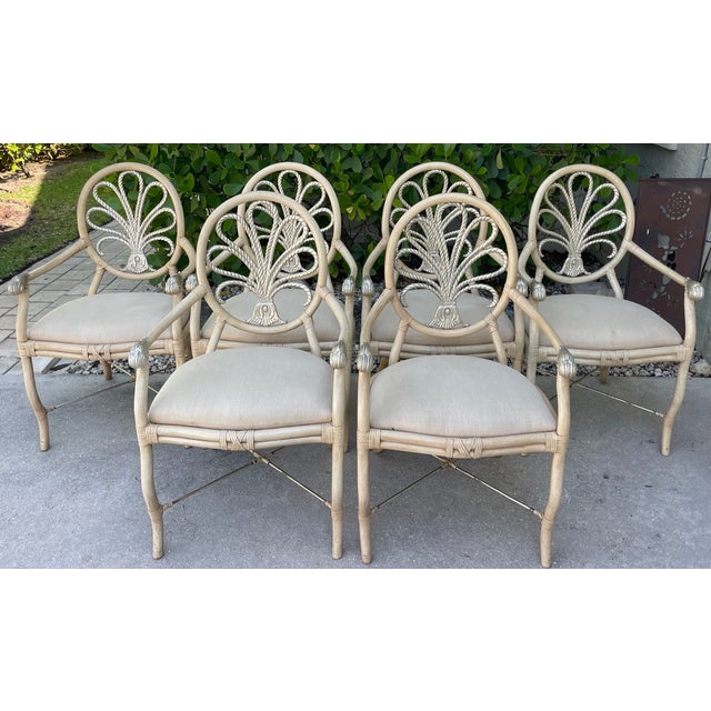 Hollywood Regency Ferguson Copeland Coastal Palm Beach Faux Bamboo Dining Armchairs - Set of 6 For Sale - Image 3 of 13