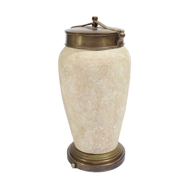 Tall Ceramic Urn With Oxidized Brass Lid and Base, C. 1900's For Sale - Image 4 of 12