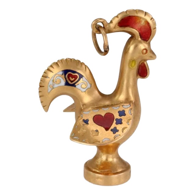 Vintage Rooster Pendant 18k Yellow Gold Enamel 3D For Sale
