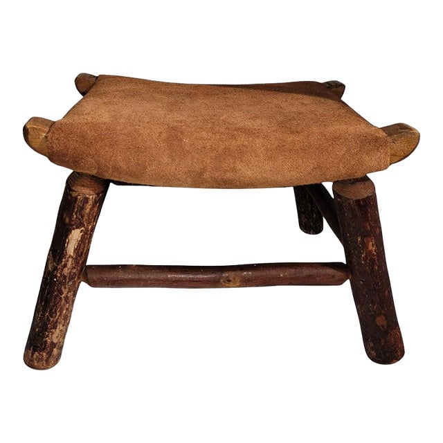 1930s Old Hickory Foot Stool With Suede Seat For Sale