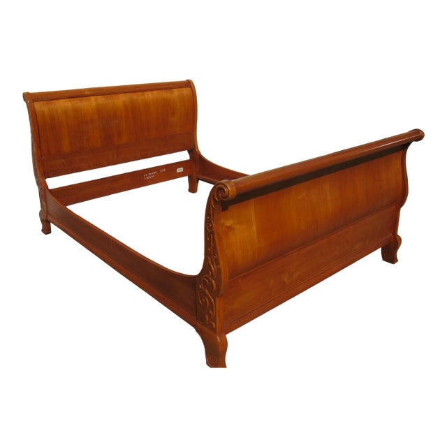 1980s Ethan Allen Sleigh Designer Queen Bed Carved For Sale