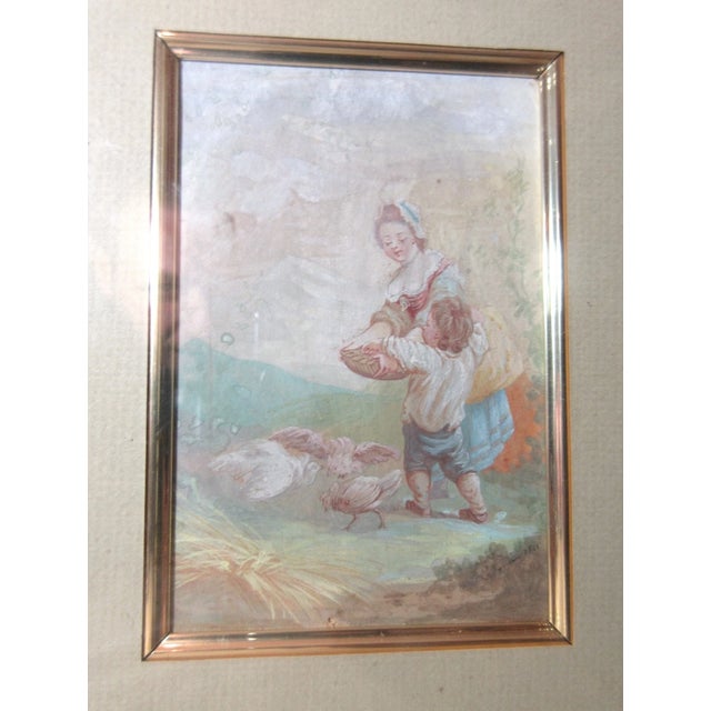 Figurative Antique Original 1869 Feeding Child Feeding Chicken Gouache Watercolor Painting For Sale - Image 3 of 11
