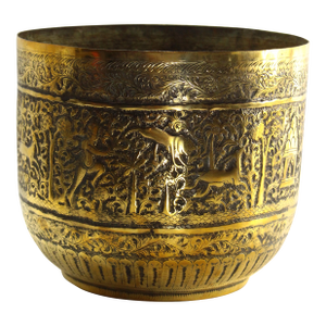 19th Century Mughal India Embossed Brass Cash-Pot Planter Jardinière
