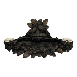 Antique Black Forest Capercaillie Double Inkwell: Hand Carved Fowl Decor For Sale