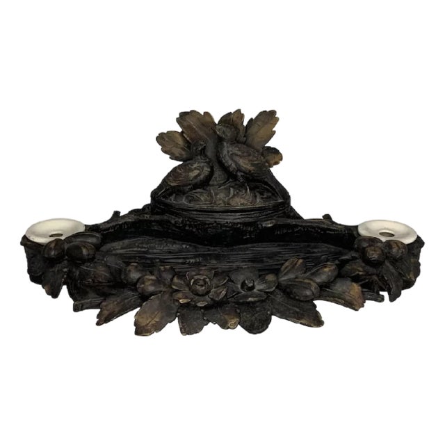 Antique Black Forest Capercaillie Double Inkwell: Hand Carved Fowl Decor For Sale