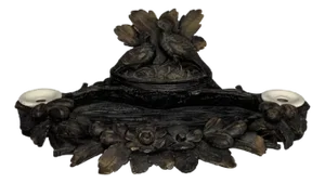 Antique Black Forest Capercaillie Double Inkwell: Hand Carved Fowl Decor