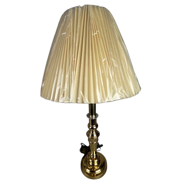 Mid 20th Century Pair of Vintage Solid Brass Candlestick Table Lamps With Knife-Pleated Shades For Sale - Image 5 of 13