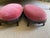 Pair of petite Louis XV style footstools with upholstered seats in pink velvet fabric. Trimmed in blue gimp and braid....