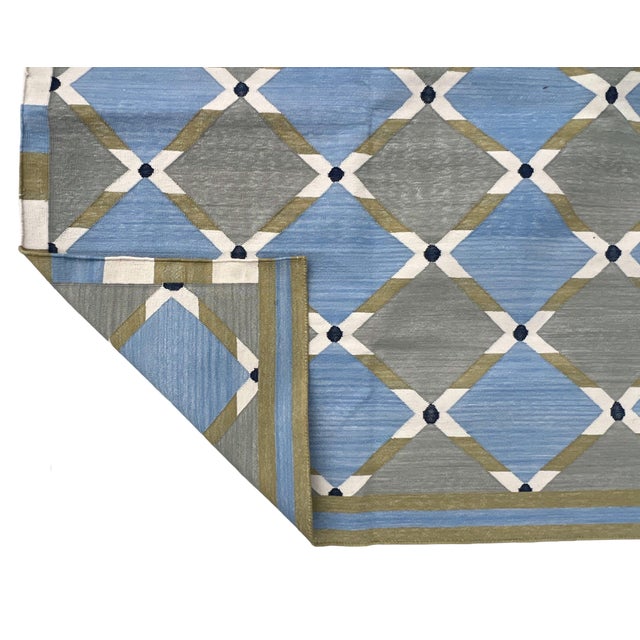 Mid-Century Modern Handwoven Cotton Area Rug, Grey, Sky Blue, Green and Cream Geometric Dhurrie - 10'x14' For Sale - Image 3 of 13