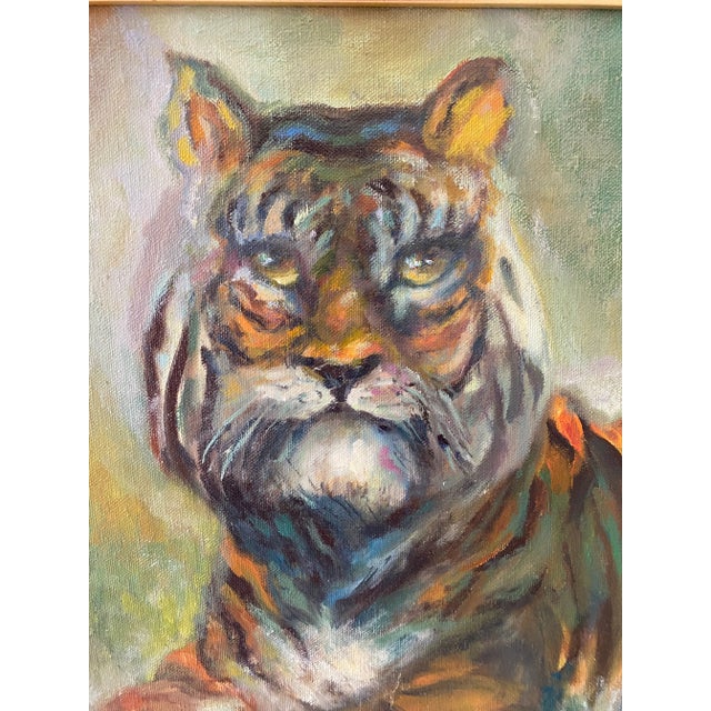 Mid-Century Modern Vintage Tiger Oil Painting With Faux Bamboo Frame- Signed For Sale - Image 3 of 7
