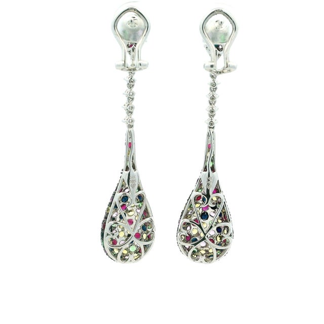 Italian 14k White Gold Diamond & Multicolor Sapphire Drop Earrings, A Pair For Sale In Miami - Image 6 of 14