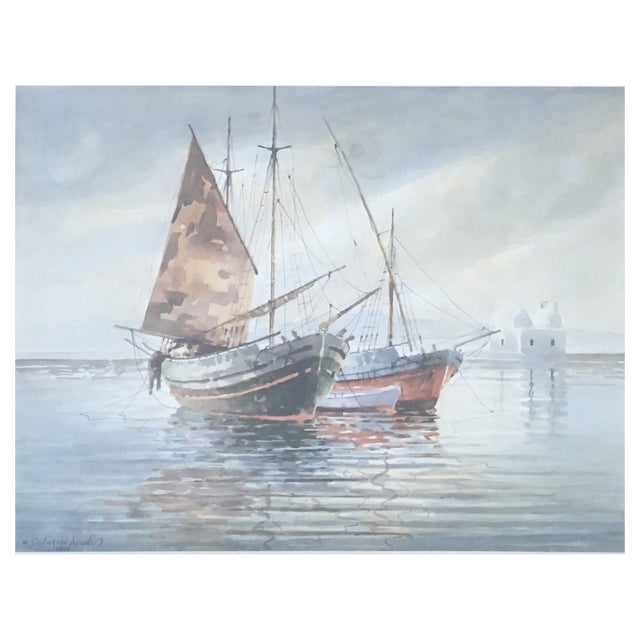 Konstantinos Sofianopoulos, Voiliers au Bord d'une île des Cyclades dans la Mer d'Égée, Watercolor on Paper, Framed For Sale