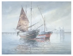 Konstantinos Sofianopoulos, Voiliers au Bord d'une île des Cyclades dans la Mer d'Égée, Watercolor on Paper, Framed