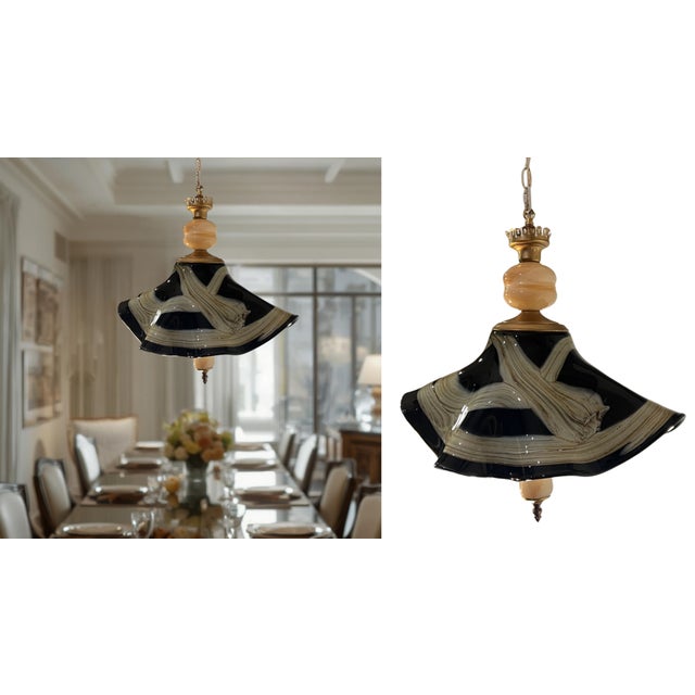 Vintage Art Glass Black Tan Ribbon Swirl Fazzoletto and Agate Glass Pendant Light For Sale In New York - Image 6 of 18