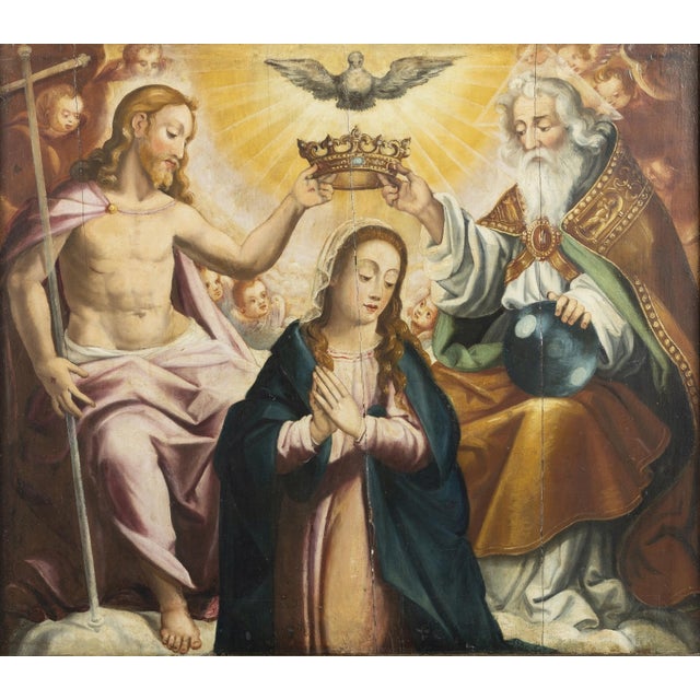 European School of the 17th Century possible Italian "The Coronation of the Virgin by Trinidad" Oil on wood 126 x 93 cm....
