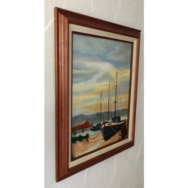 1970s 1978 Original Seascape "Sailboats at Dock" Oil on Canvas Signed by Artist For Sale - Image 5 of 8