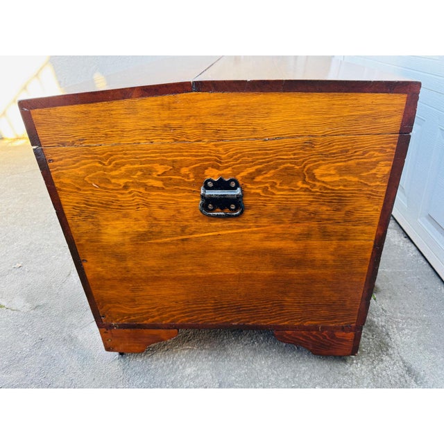 Brown Vintage Wooden Hope Chest W/ Yale Lock – Solid Wood Blanket Chest on Casters For Sale - Image 8 of 17