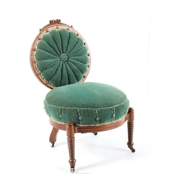 “We Love this chair!! An incredibly Detailed Light Mahogany Carved Most Charming Green Velvet Chair with many old world...