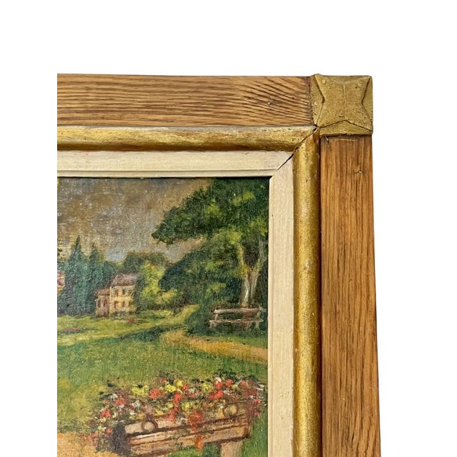 Antique French Chateau and Garden Landscape Painting Folk Art Frame Oil on Board For Sale - Image 11 of 15