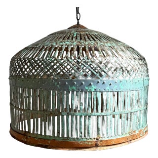 Vintage Turquoise Iron Cage Pendant Light For Sale