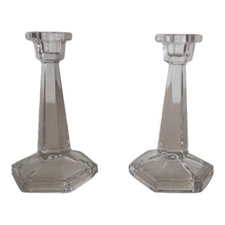Pair of Vintage Clear Glass Candlesticks Candle Holders With Hexagonal Bases For Sale
