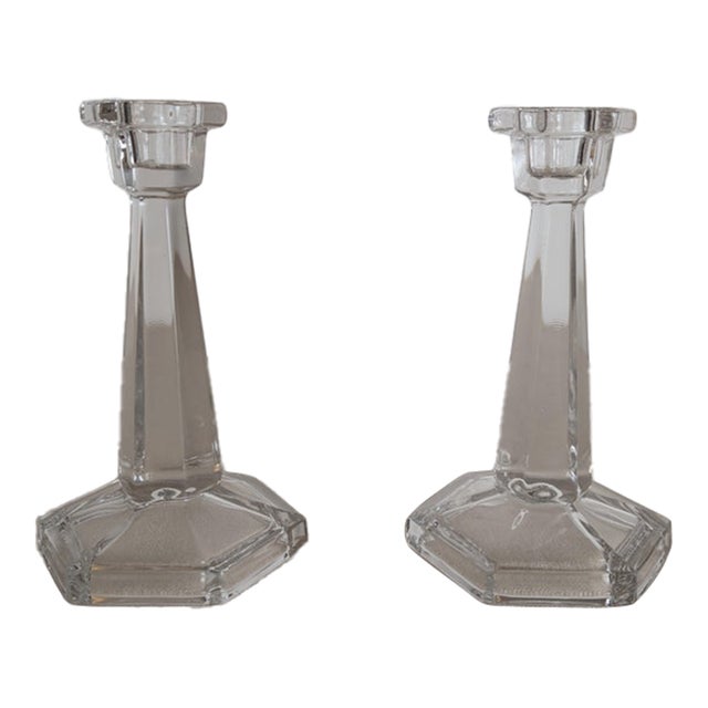 Pair of Vintage Clear Glass Candlesticks Candle Holders With Hexagonal Bases For Sale