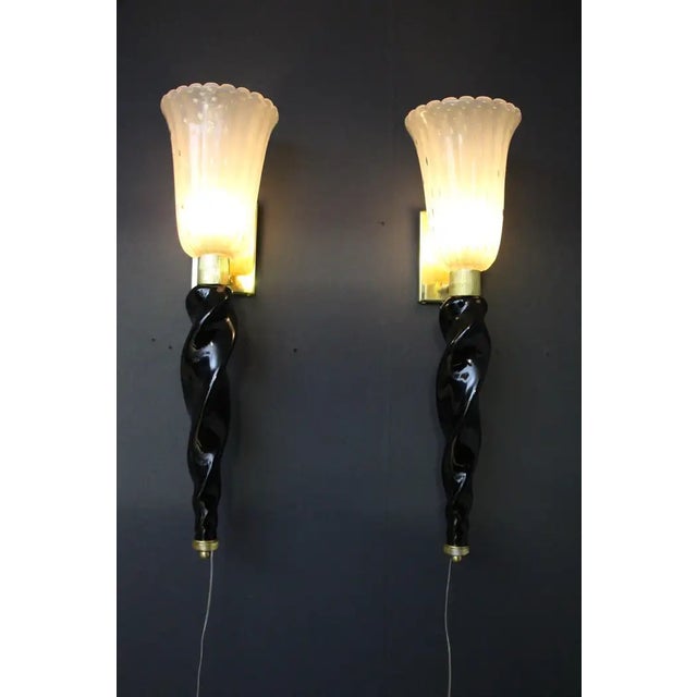 Gold and Black Murano Glass Sconces in the style of Barovier, 1990, Set of 2 For Sale - Image 3 of 17