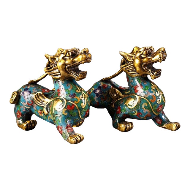 Pair of Antique Gilt Cloisonné Guardian Lion Figurines, 2000g Total For Sale