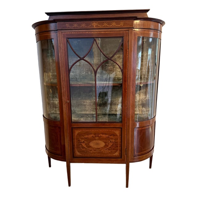 Antique Edwardian Mahogany Inlaid Bowfront Display Cabinet, 1900 For Sale