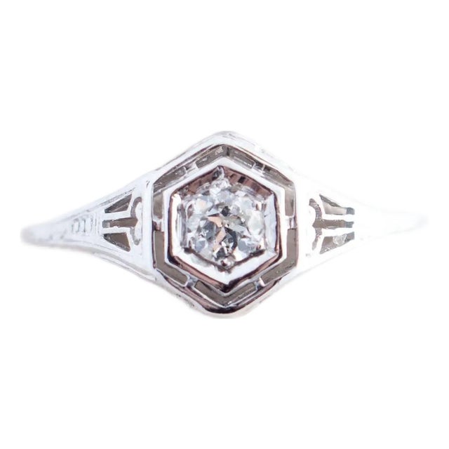 Early 20th Century 18k White Gold Art Deco Engagement Ring, Size 7 For Sale