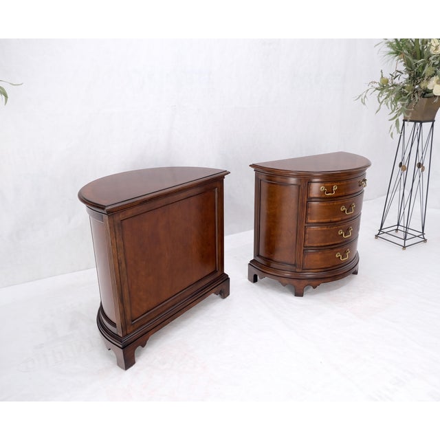 Traditional Pair of 4 Drawer Banded Top Demi Lune Consoles Dressers Brass Drop Pulls MINT! For Sale - Image 3 of 16