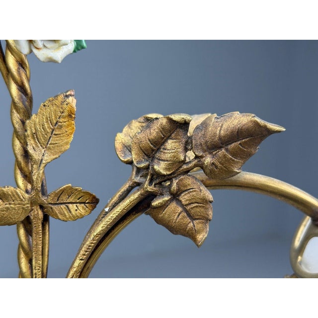 Gold Belle Epoque Style, Basket Chandelier, Bronze, Porcelain, 1940s For Sale - Image 8 of 14