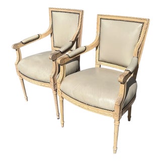 Pair of French 19th C Directoire Re-Painted Fauteuil Arm Chairs For Sale