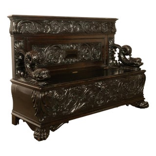 Antique Italian Renaissance Revival Carved Walnut Hall Bench Chest Dolphins 1870 For Sale