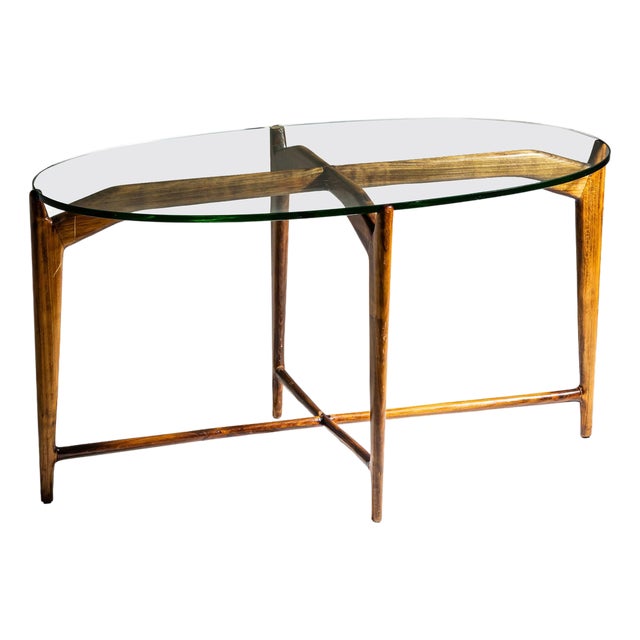 Mid-Century Modern Oval Coffee Table, Walnut Base, Glass Top, Italy For Sale
