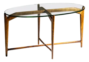 Mid-Century Modern Oval Coffee Table, Walnut Base, Glass Top, Italy