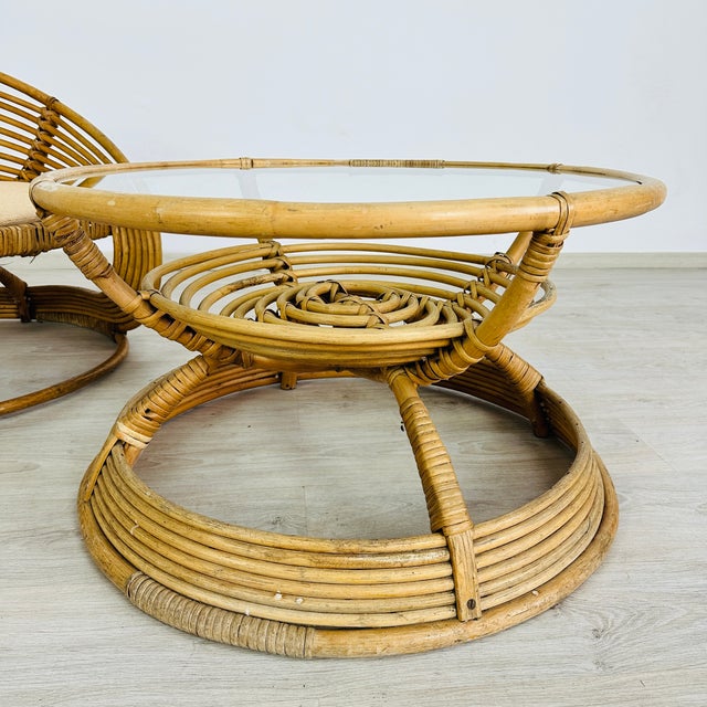 Italian Rattan Lounge Chairs With Coffee Table – Set of 3 For Sale - Image 11 of 16
