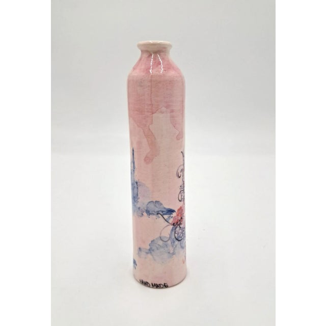 1980s 1980s Pink Floral Studio Pottery Vase With Purple Accents, Signed by Artist For Sale - Image 5 of 6
