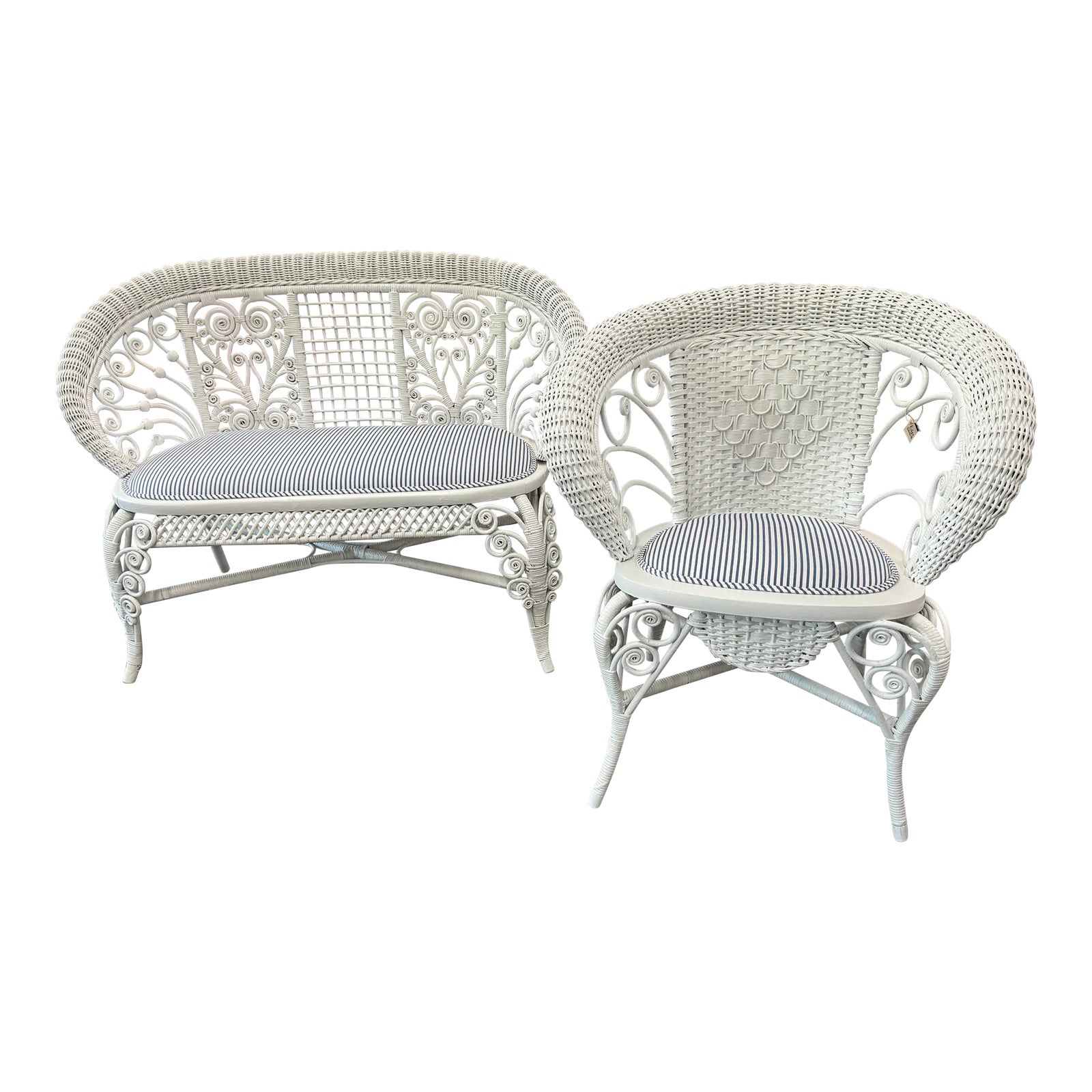 Late 20th Century Blue and White Pinstripe Wicker Settee and Matching ...