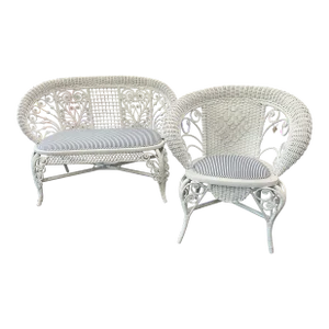 Late 20th Century Blue and White Pinstripe Wicker Settee and Matching Chair Set