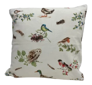 16" Square Pillow Adorned With Cheerful Colorful Birds, Owls & Ducks - Made in Uk.