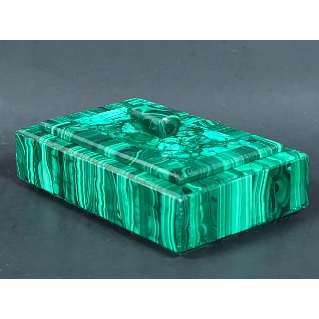 ITEM NAME: Carved Malachite Stone Jewelry Box ORIGIN: China AGES: Late 20th Century MATERIALS: Malachite MEASUREMENT: 2.25...